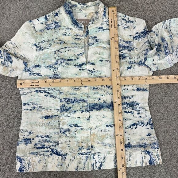 Chico’s Watercolor Linen Blend Open Front Topper Jacket White Blue Small - Picture 11 of 14